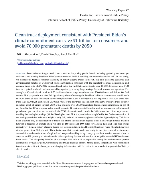 Cover of Clean truck deployment consistent with President Biden’s climate commitment can save $1 trillion for consumers and avoid 70,000 premature deaths by 2050