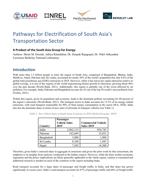 Cover of Pathways for Electrification of South Asia’s Transportation Sector