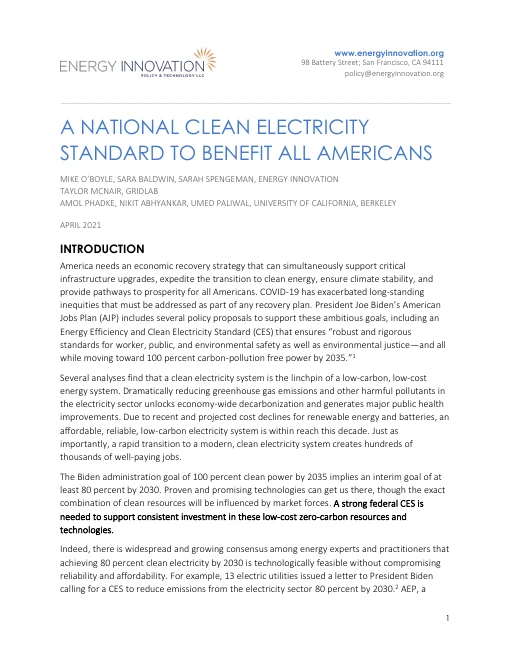 Cover of A National Clean Electricity Standard To Benefit All Americans, Energy Innovation Policy and Technology
