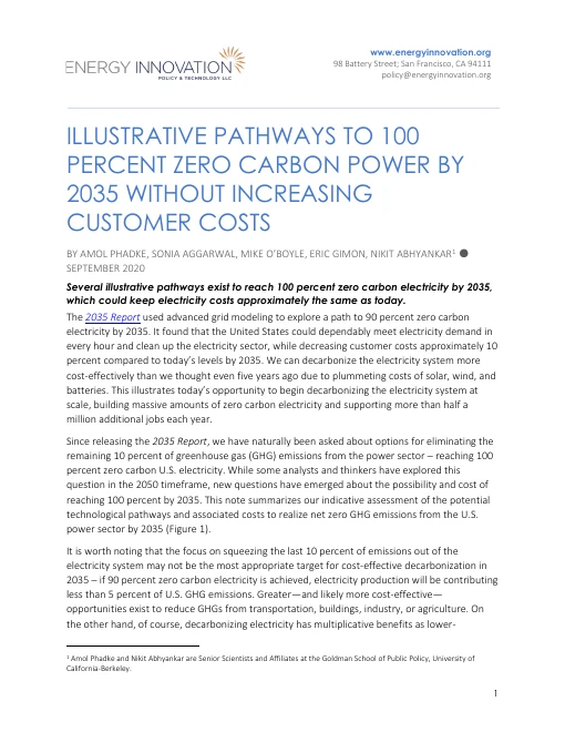 Cover of Illustrative Pathways To 100 Percent Zero Carbon Power By 2035 Without Increasing Customer Costs