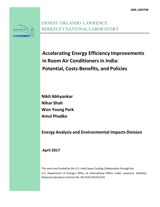 Cover of Accelerating Energy Efficiency Improvements in Room Air Conditioners in India: Potential, Costs-Benefits, and Policies