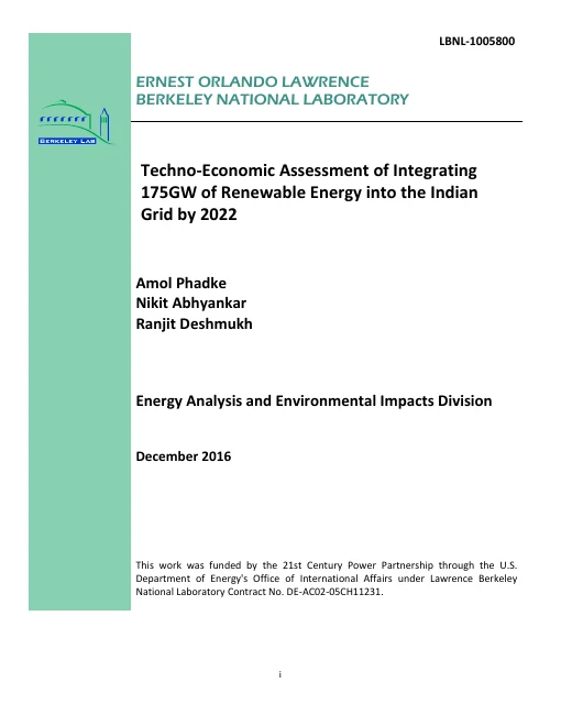 Cover of Techno-Economic Assessment of Integrating 175 GW of Renewable Energy into the Indian Grid by 2022
