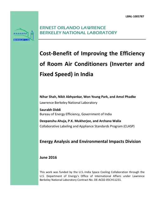 Cover of Cost-Benefit of Improving the Efficiency of Room Air Conditioners (Inverter and Fixed Speed) in India
