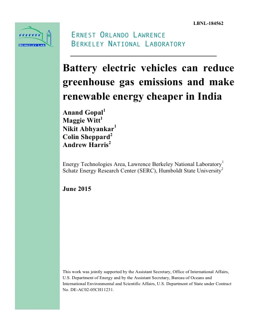Cover of Battery electric vehicles can reduce greenhouse gas emissions and make renewable energy cheaper in India