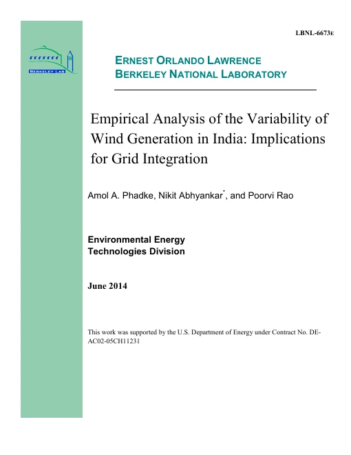 Cover of Empirical Analysis Of The Variability Of Wind Generation In India: Implications For Grid Integration