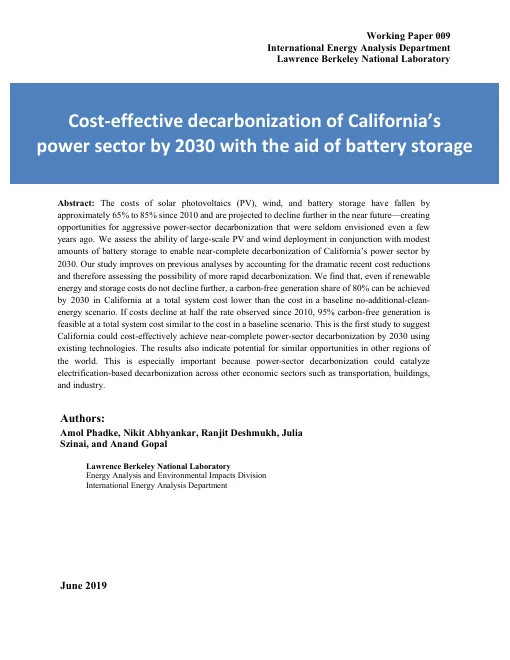 Cover of Cost-effective decarbonization of California’s Power Sector by 2030 With the Aid of Battery Storage