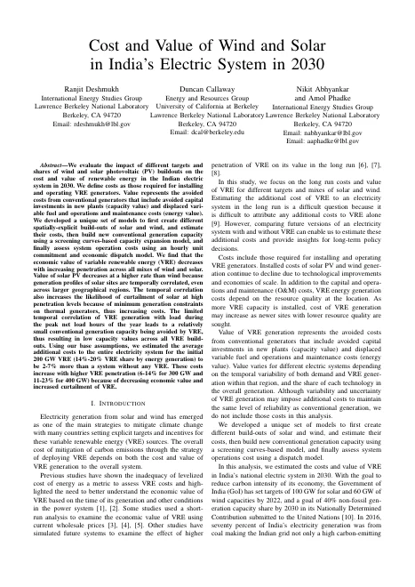 Cover of Cost and Value of Wind and Solar in India's Electric System in 2030