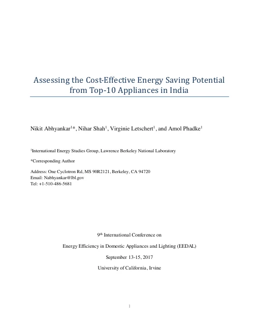 Cover of Assessing the Cost-Effective Energy Saving Potential from Top-10 Appliances in India
